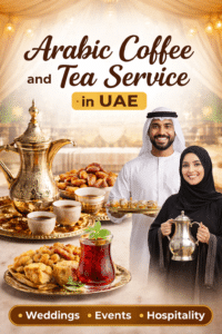 arabic coffee and tea service in uae with traditional dallah coffee pot, arabic cups and professional hospitality setup for weddings and events in sharjah and dubai