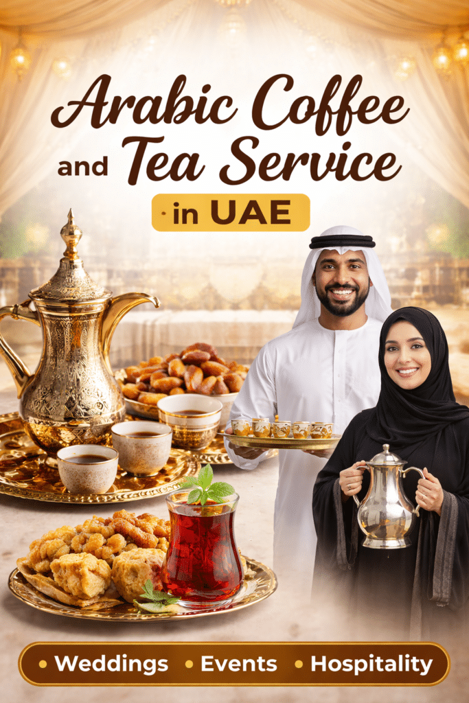 arabic coffee and tea service in uae with traditional dallah coffee pot, arabic cups and professional hospitality setup for weddings and events in sharjah and dubai